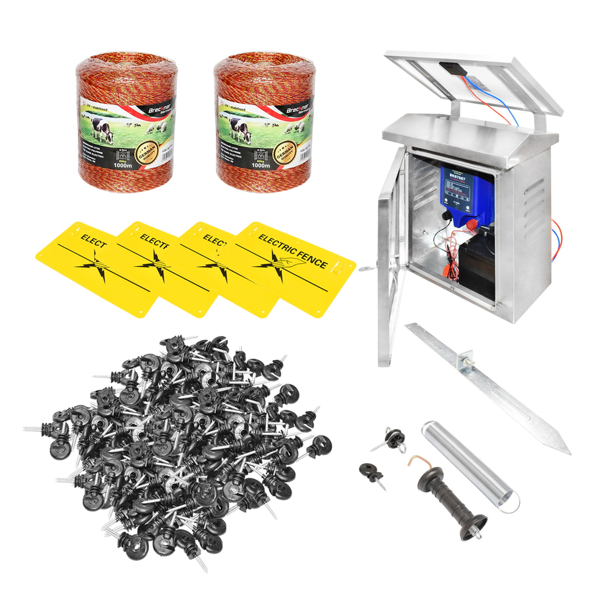 Complete electric fence kit 12V, 2 Joules, 10W solar panel, 2000m wire length, 200 insulators, gate kit and warning signs Breckner Germany